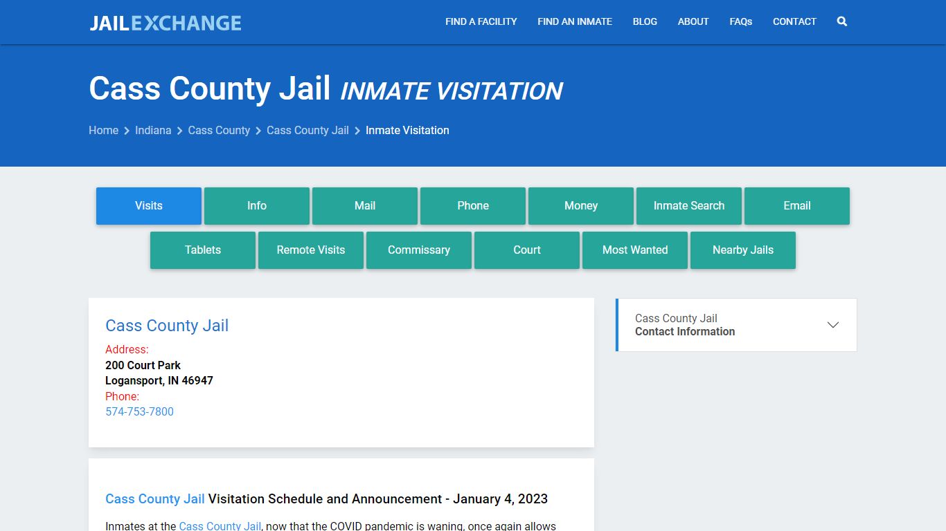 Inmate Visitation - Cass County Jail, IN - Jail Exchange